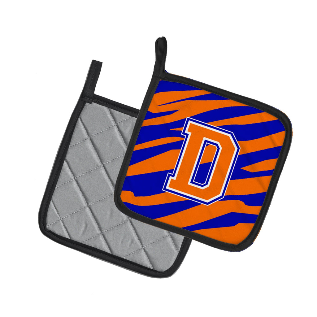 Letter D Initial Tiger Stripe - Blue Orange  Pot Holder Set of 2 Heat Resistant Quilted Hot Pads 7.5 x 7.5 Inch, Insulated Kitchen Trivets for Cooking & Baking