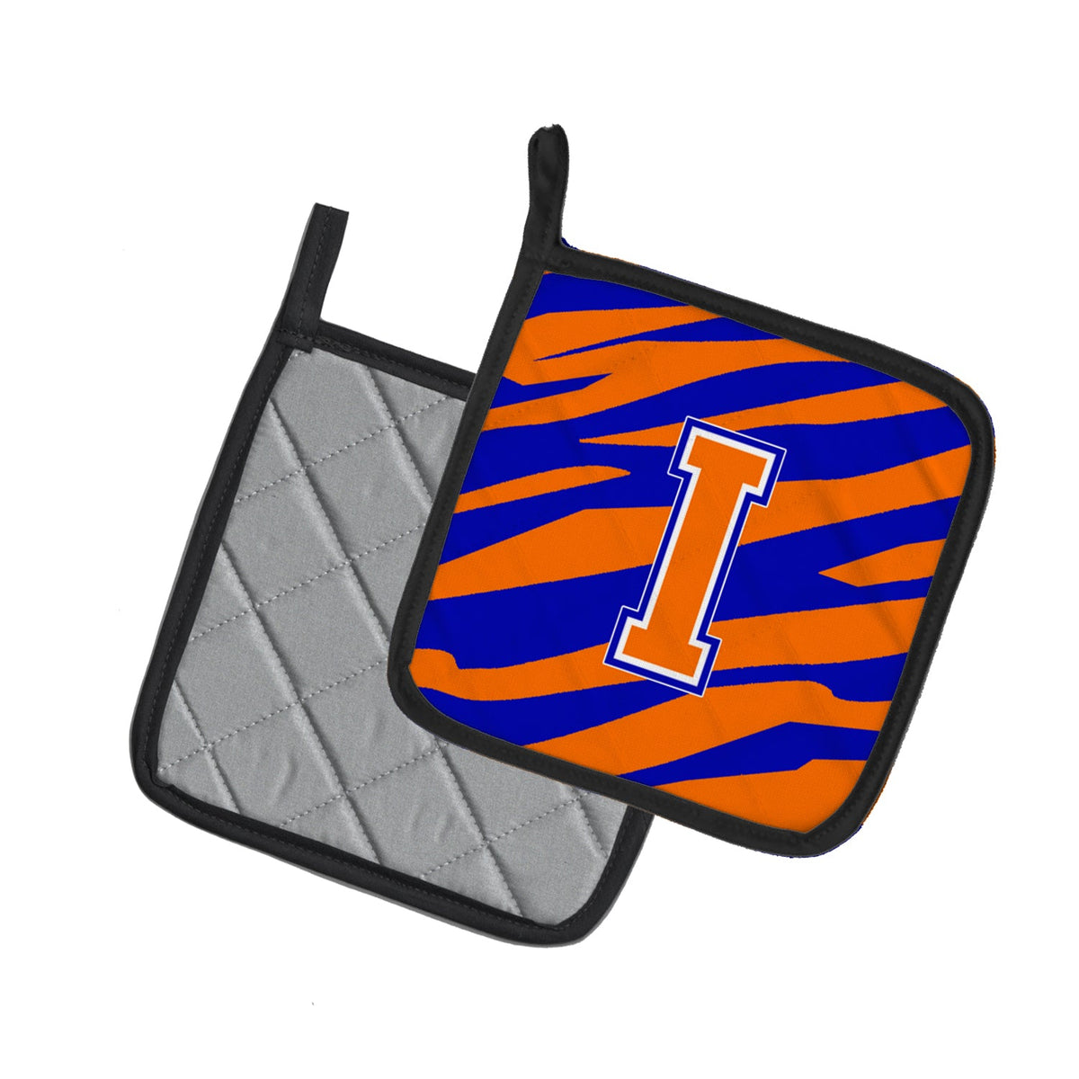 Letter I Initial Tiger Stripe - Blue Orange  Pot Holder Set of 2 Heat Resistant Quilted Hot Pads 7.5 x 7.5 Inch, Insulated Kitchen Trivets for Cooking & Baking