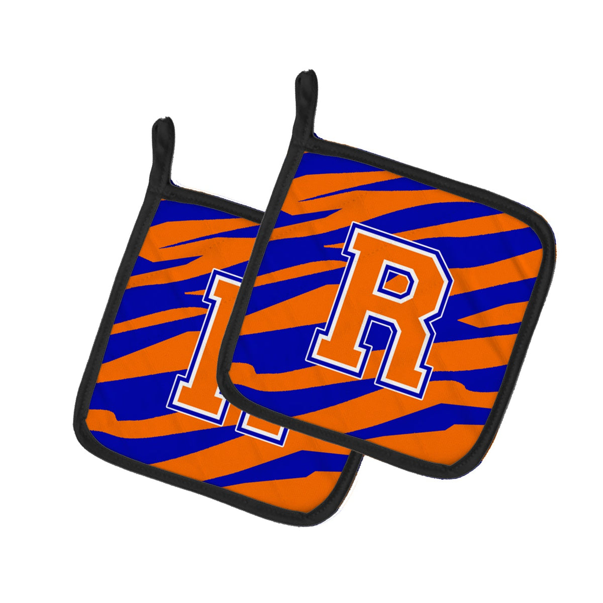 Letter R Initial Tiger Stripe - Blue Orange  Pot Holder Set of 2 Heat Resistant Quilted Hot Pads 7.5 x 7.5 Inch, Insulated Kitchen Trivets for Cooking & Baking