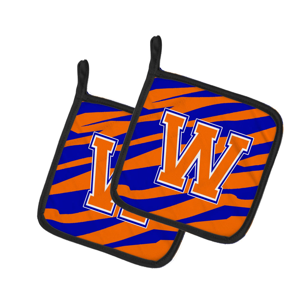 Letter W Initial Tiger Stripe - Blue Orange  Pot Holder Set of 2 Heat Resistant Quilted Hot Pads 7.5 x 7.5 Inch, Insulated Kitchen Trivets for Cooking & Baking