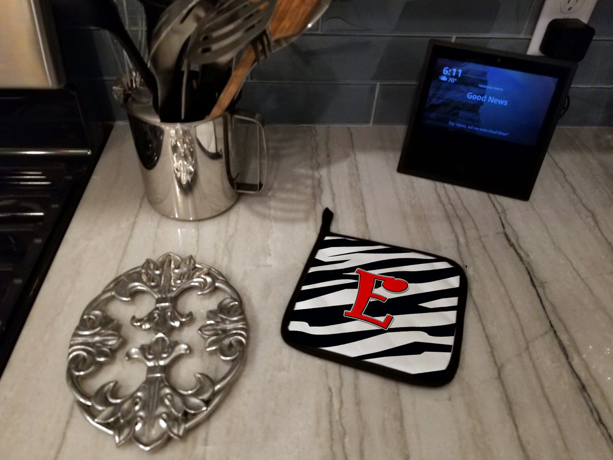 Letter E Initial Monogram - Zebra Red Pot Holder Set of 2 Heat Resistant Quilted Hot Pads 7.5 x 7.5 Inch, Insulated Kitchen Trivets for Cooking & Baking