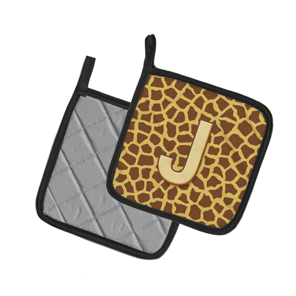 Letter J Initial Monogram - Giraffe Pot Holder Set of 2 Heat Resistant Quilted Hot Pads 7.5 x 7.5 Inch, Insulated Kitchen Trivets for Cooking & Baking