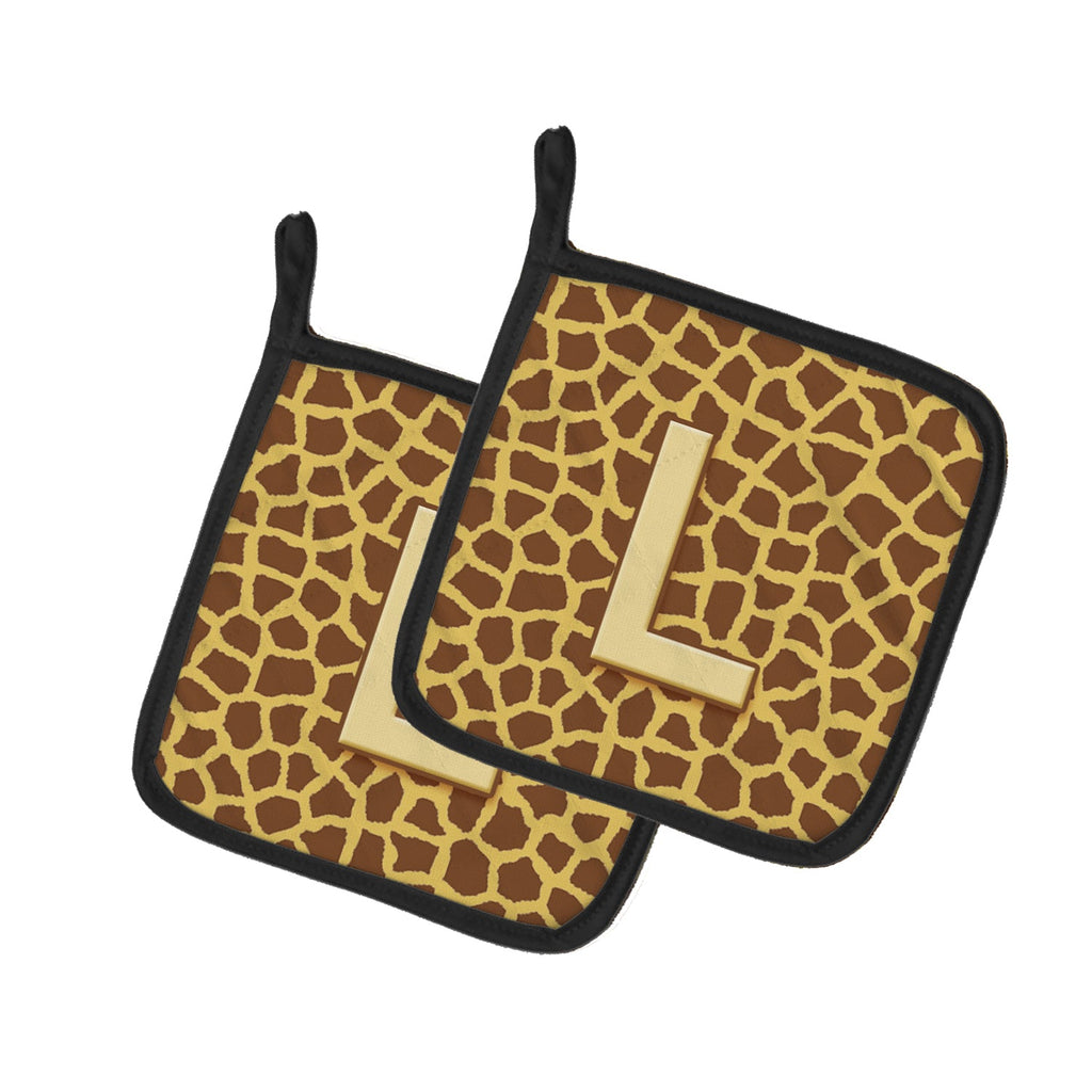 Letter L Initial Monogram - Giraffe Pot Holder Set of 2 Heat Resistant Quilted Hot Pads 7.5 x 7.5 Inch, Insulated Kitchen Trivets for Cooking & Baking