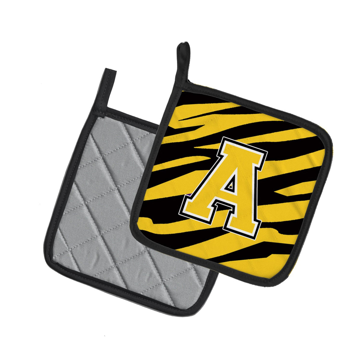 Letter A Monogram - Black Gold Tiger Stripe Pot Holder Set of 2 Heat Resistant Quilted Hot Pads 7.5 x 7.5 Inch, Insulated Kitchen Trivets for Cooking & Baking