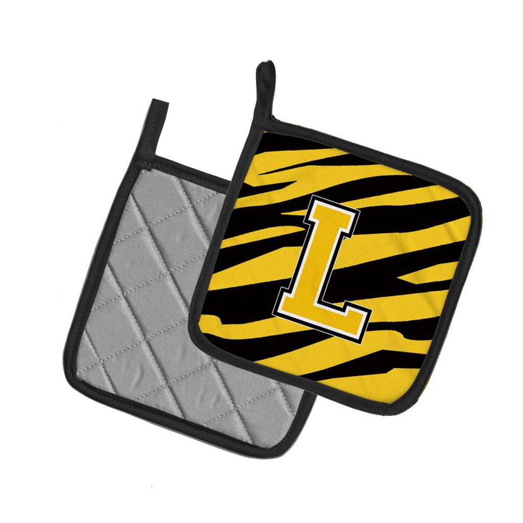 Letter L Initial Tiger Stripe - Black Gold  Pot Holder Set of 2 Heat Resistant Quilted Hot Pads 7.5 x 7.5 Inch, Insulated Kitchen Trivets for Cooking & Baking