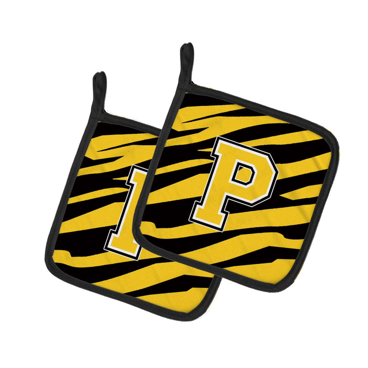 Letter P Initial Tiger Stripe - Black Gold  Pot Holder Set of 2 Heat Resistant Quilted Hot Pads 7.5 x 7.5 Inch, Insulated Kitchen Trivets for Cooking & Baking
