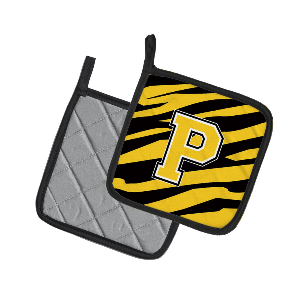 Letter P Initial Tiger Stripe - Black Gold  Pot Holder Set of 2 Heat Resistant Quilted Hot Pads 7.5 x 7.5 Inch, Insulated Kitchen Trivets for Cooking & Baking