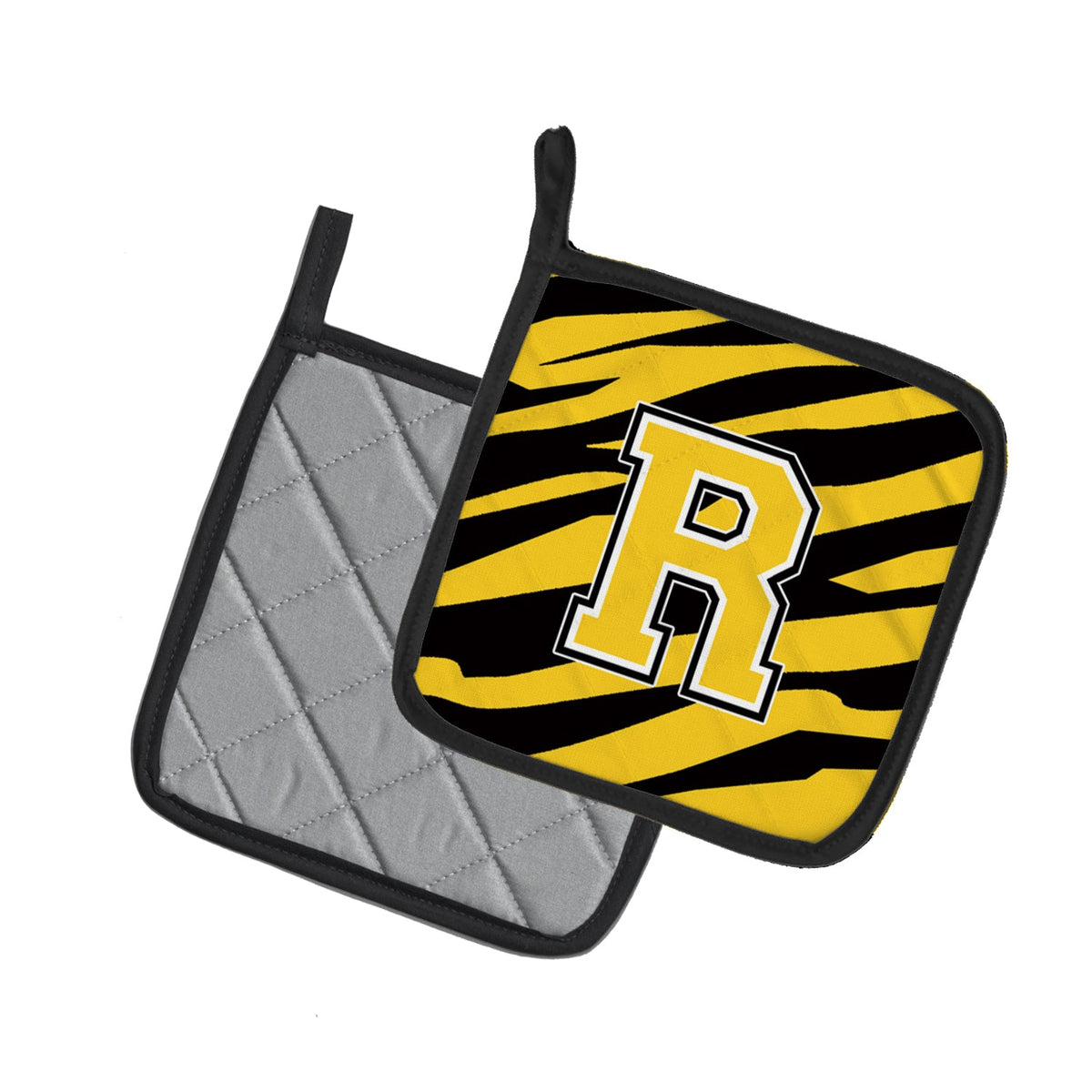 Letter R Initial Tiger Stripe - Black Gold  Pot Holder Set of 2 Heat Resistant Quilted Hot Pads 7.5 x 7.5 Inch, Insulated Kitchen Trivets for Cooking & Baking