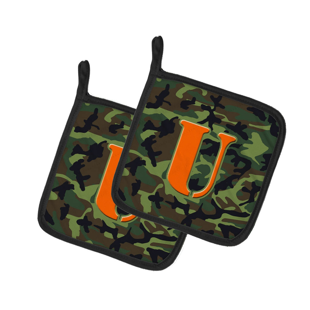 Letter U Monogram - Camo Green Pot Holder Set of 2 Heat Resistant Quilted Hot Pads 7.5 x 7.5 Inch, Insulated Kitchen Trivets for Cooking & Baking