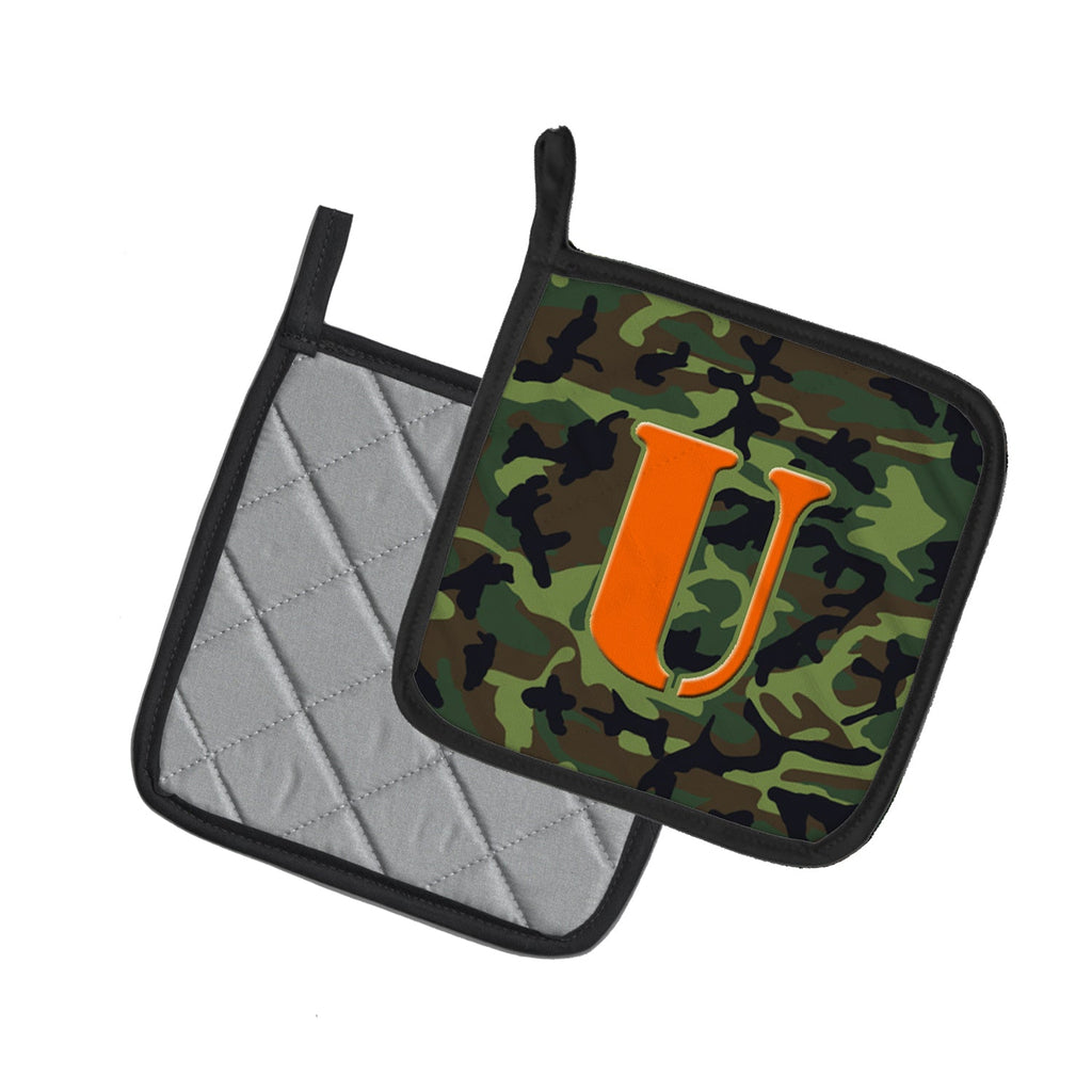 Letter U Monogram - Camo Green Pot Holder Set of 2 Heat Resistant Quilted Hot Pads 7.5 x 7.5 Inch, Insulated Kitchen Trivets for Cooking & Baking