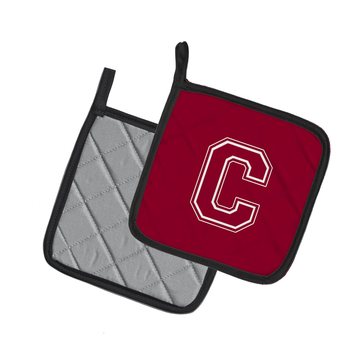 Letter C Initial Monogram - Maroon and White Pot Holder Set of 2 Heat Resistant Quilted Hot Pads 7.5 x 7.5 Inch, Insulated Kitchen Trivets for Cooking & Baking