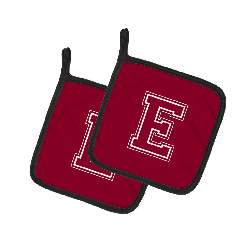 Letter E Initial Monogram - Maroon and White Pot Holder Set of 2 Heat Resistant Quilted Hot Pads 7.5 x 7.5 Inch, Insulated Kitchen Trivets for Cooking & Baking