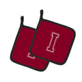 Letter I Initial Monogram - Maroon and White Pot Holder Set of 2 Heat Resistant Quilted Hot Pads 7.5 x 7.5 Inch, Insulated Kitchen Trivets for Cooking & Baking