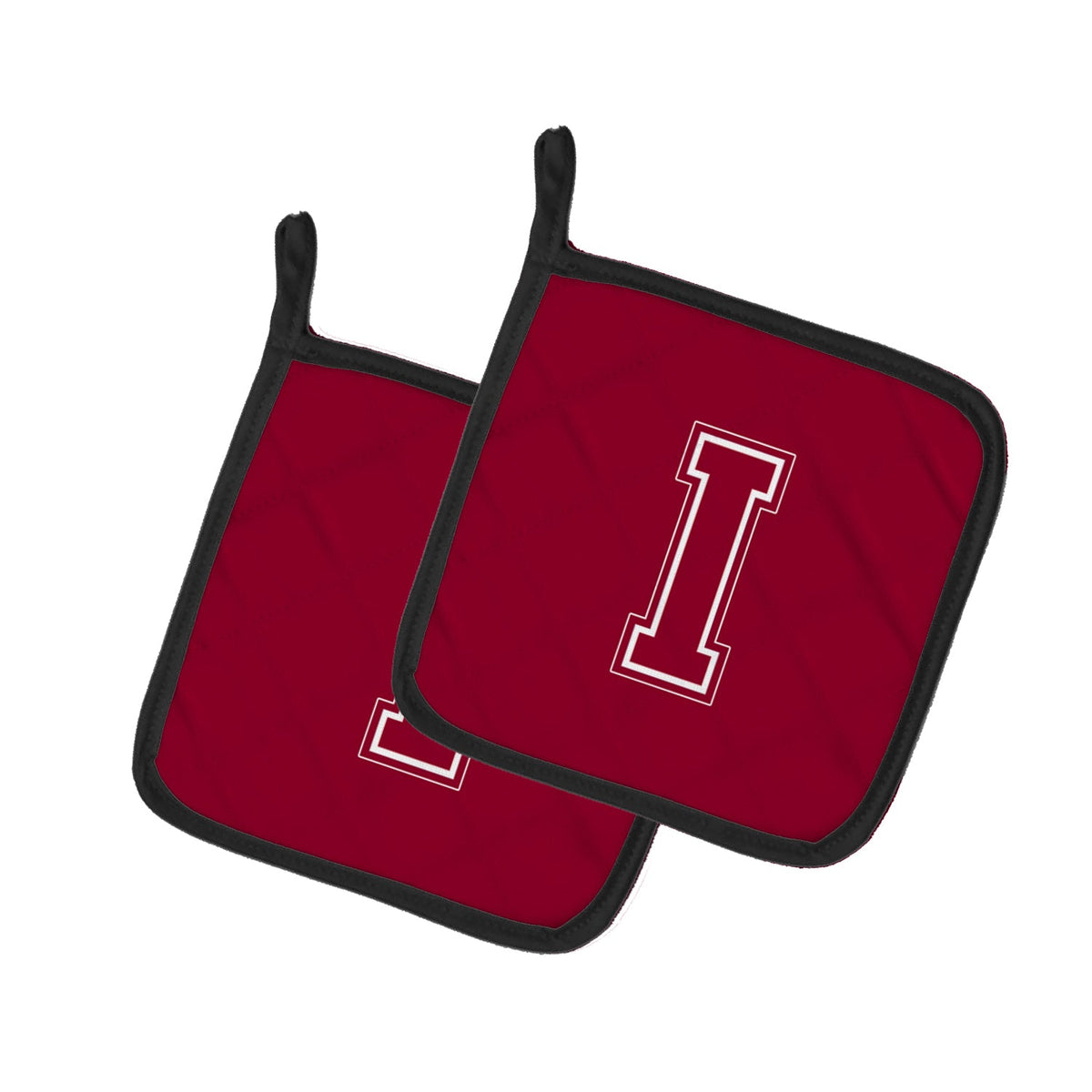 Letter I Initial Monogram - Maroon and White Pot Holder Set of 2 Heat Resistant Quilted Hot Pads 7.5 x 7.5 Inch, Insulated Kitchen Trivets for Cooking & Baking