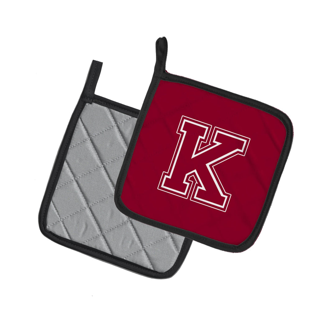 Letter K Initial Monogram - Maroon and White Pot Holder Set of 2 Heat Resistant Quilted Hot Pads 7.5 x 7.5 Inch, Insulated Kitchen Trivets for Cooking & Baking