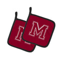 Letter M Initial Monogram - Maroon and White Pot Holder Set of 2 Heat Resistant Quilted Hot Pads 7.5 x 7.5 Inch, Insulated Kitchen Trivets for Cooking & Baking