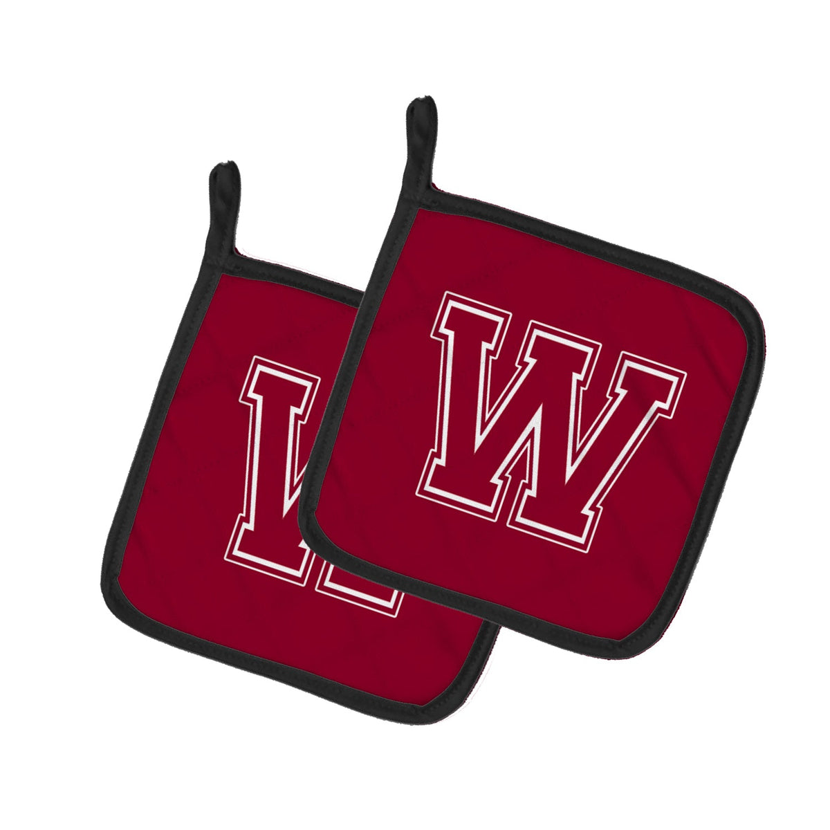 Letter W Initial Monogram - Maroon and White Pot Holder Set of 2 Heat Resistant Quilted Hot Pads 7.5 x 7.5 Inch, Insulated Kitchen Trivets for Cooking & Baking