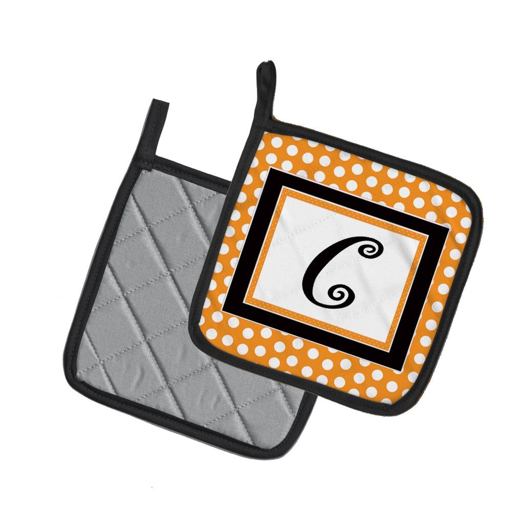 Letter C Initial Monogram - Orange Polkadots Pot Holder Set of 2 Heat Resistant Quilted Hot Pads 7.5 x 7.5 Inch, Insulated Kitchen Trivets for Cooking & Baking