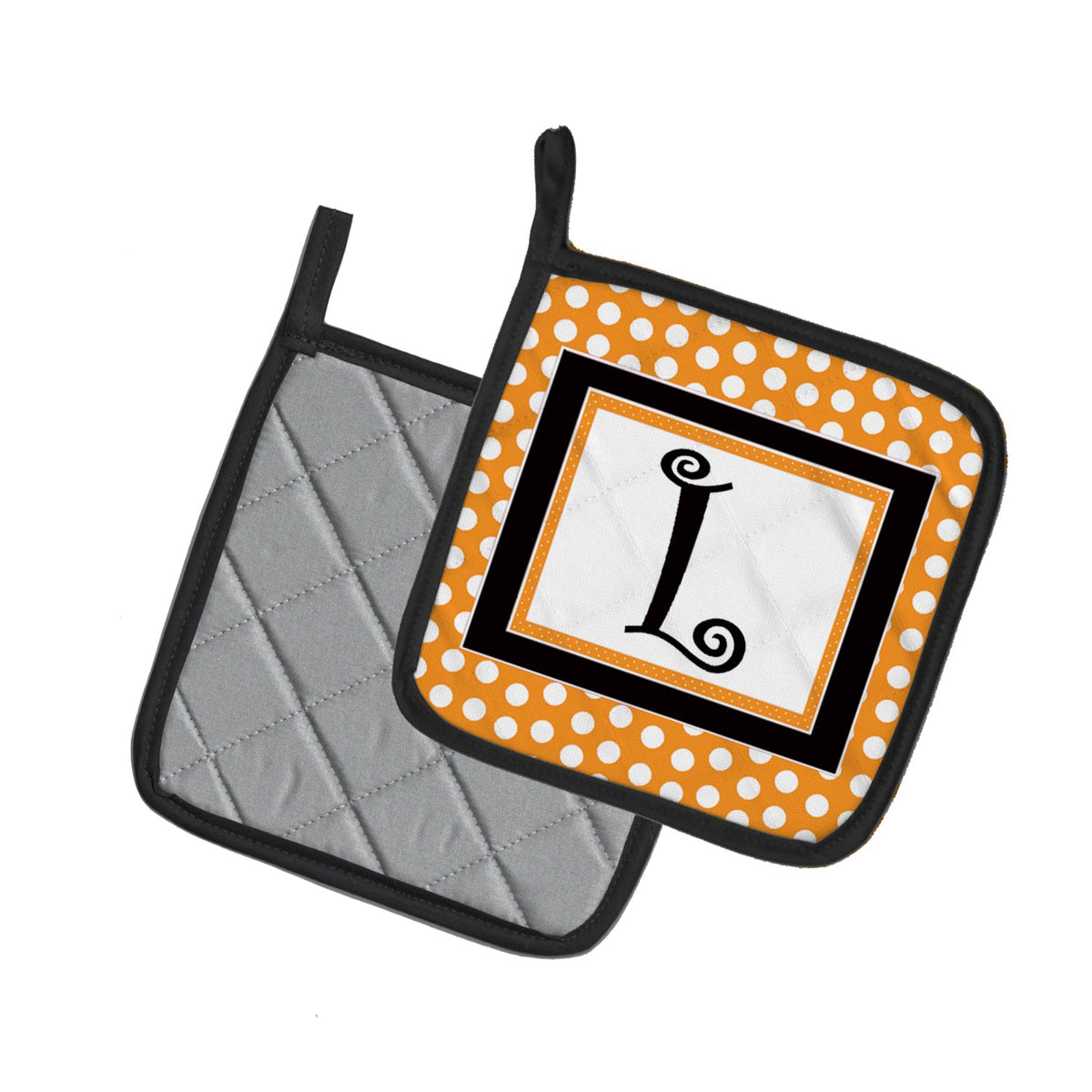 Letter L Initial Monogram - Orange Polkadots Pot Holder Set of 2 Heat Resistant Quilted Hot Pads 7.5 x 7.5 Inch, Insulated Kitchen Trivets for Cooking & Baking