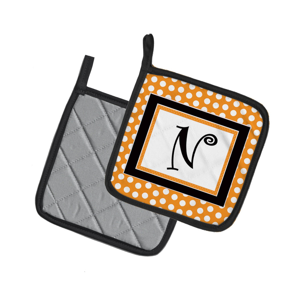 Letter N Initial Monogram - Orange Polkadots Pot Holder Set of 2 Heat Resistant Quilted Hot Pads 7.5 x 7.5 Inch, Insulated Kitchen Trivets for Cooking & Baking