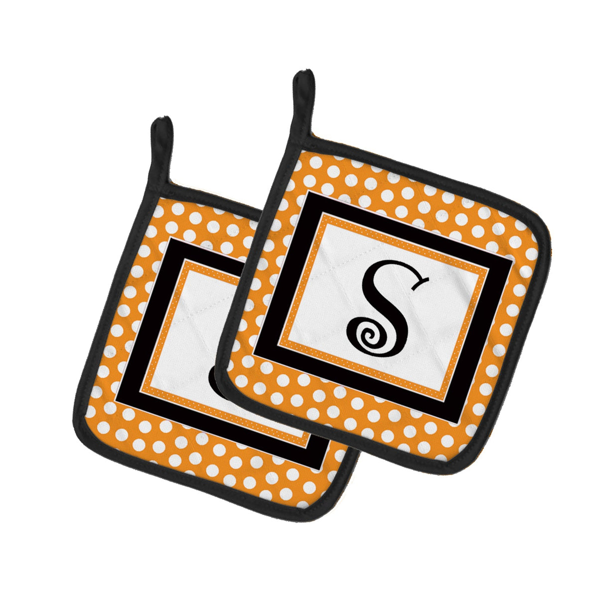 Letter S Initial Monogram - Orange Polkadots Pot Holder Set of 2 Heat Resistant Quilted Hot Pads 7.5 x 7.5 Inch, Insulated Kitchen Trivets for Cooking & Baking