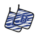 Letter B Initial Tiger Stripe Blue and White Pot Holder Set of 2 Heat Resistant Quilted Hot Pads 7.5 x 7.5 Inch, Insulated Kitchen Trivets for Cooking & Baking