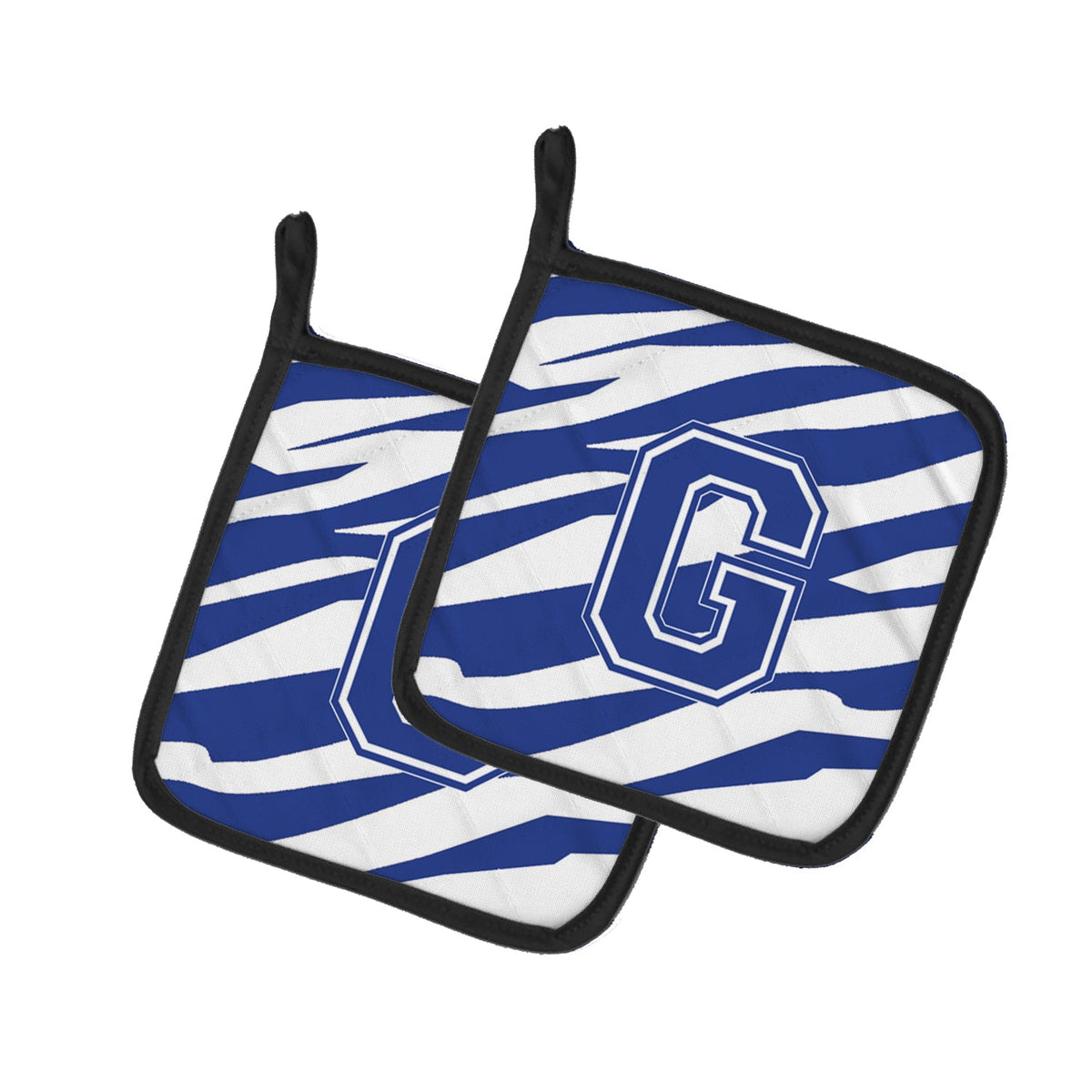 Letter G Initial Tiger Stripe Blue and White Pot Holder Set of 2 Heat Resistant Quilted Hot Pads 7.5 x 7.5 Inch, Insulated Kitchen Trivets for Cooking & Baking