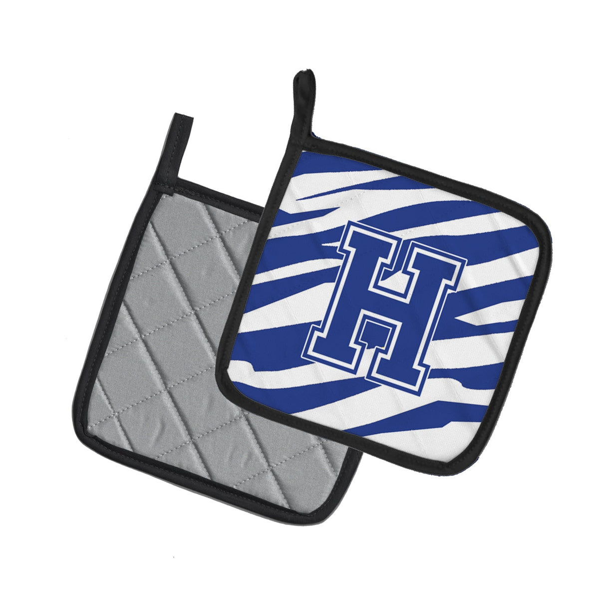 Letter H Initial  Tiger Stripe Blue and White Pot Holder Set of 2 Heat Resistant Quilted Hot Pads 7.5 x 7.5 Inch, Insulated Kitchen Trivets for Cooking & Baking