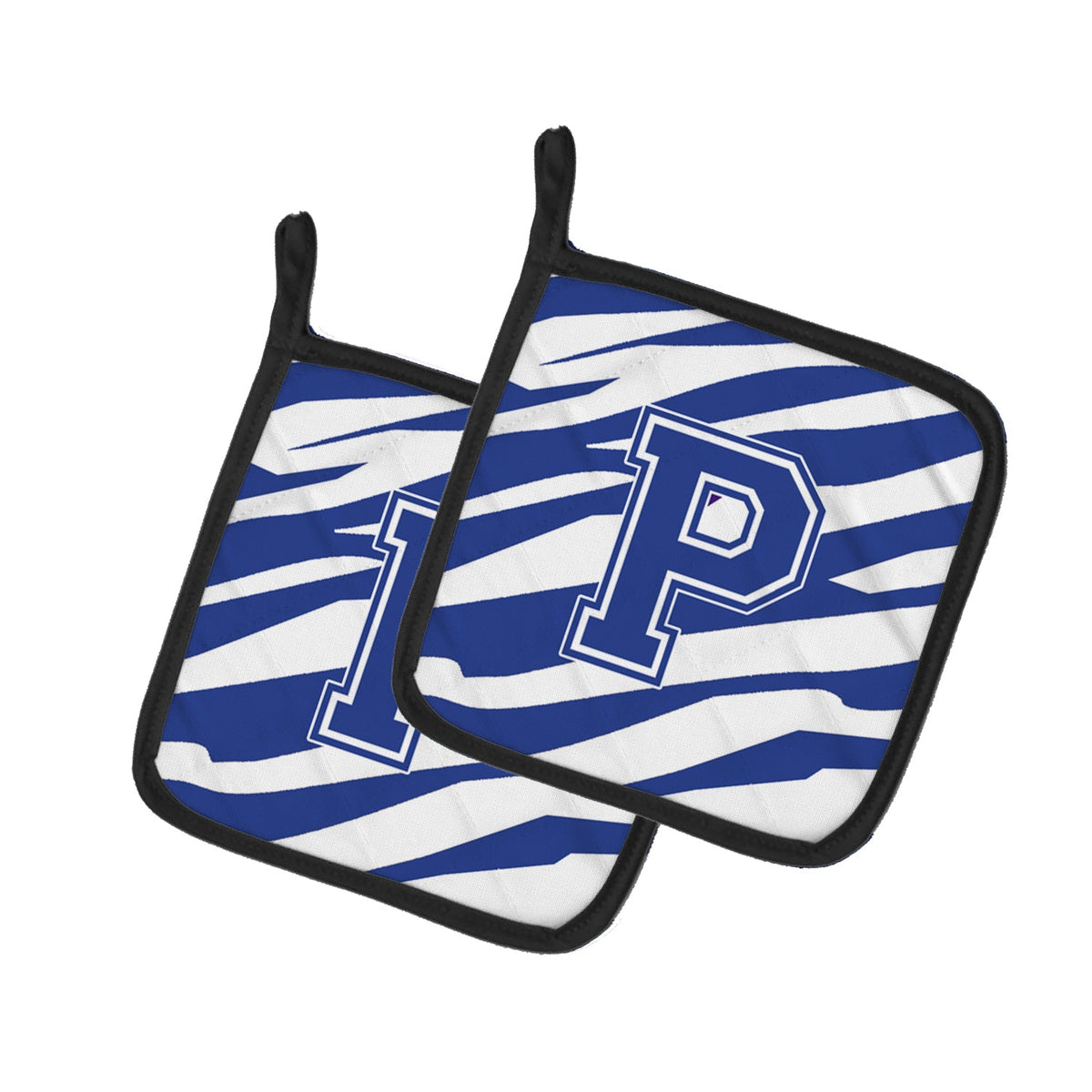 Letter P Initial Tiger Stripe Blue and White Pot Holder Set of 2 Heat Resistant Quilted Hot Pads 7.5 x 7.5 Inch, Insulated Kitchen Trivets for Cooking & Baking