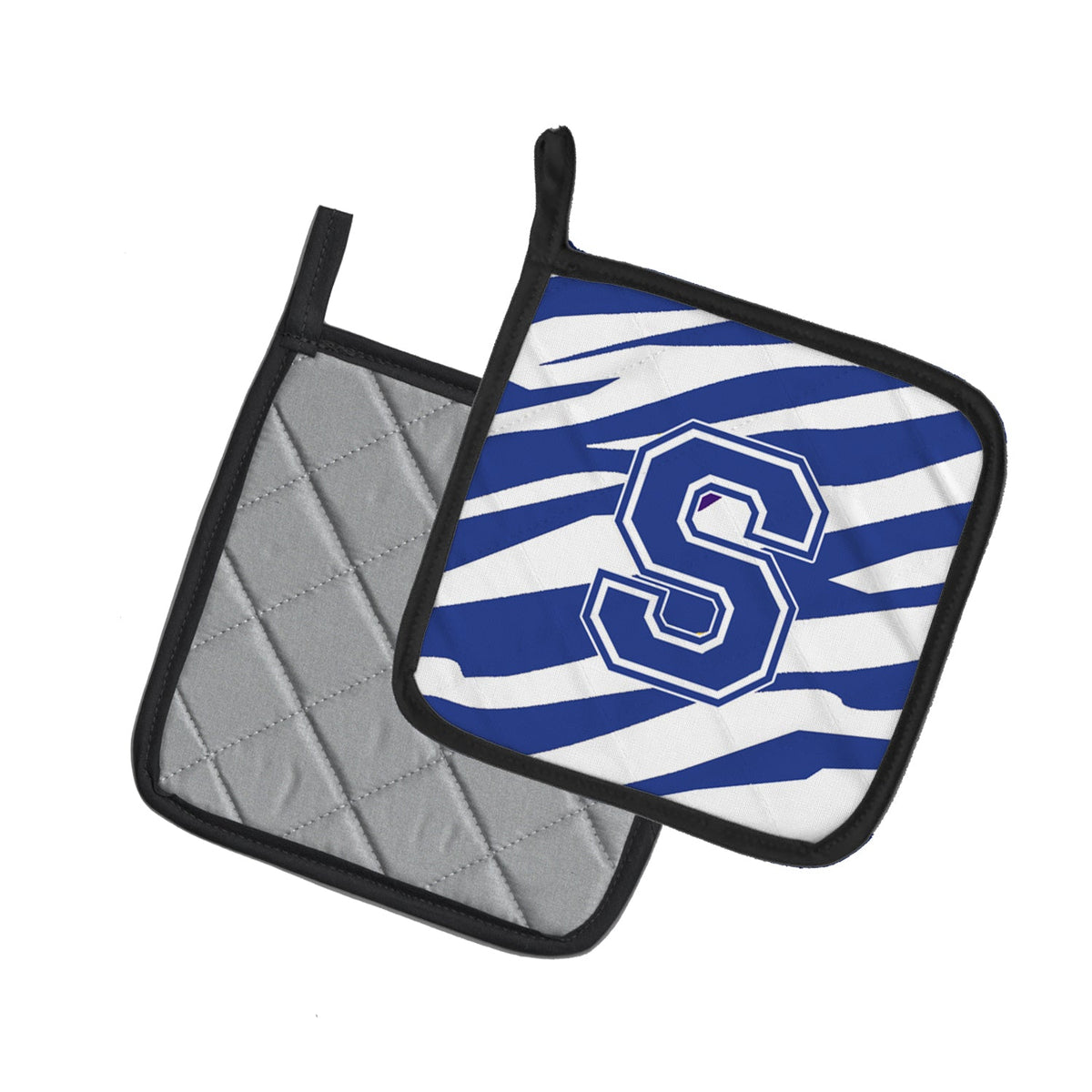 Letter S Initial Tiger Stripe Blue and White Pot Holder Set of 2 Heat Resistant Quilted Hot Pads 7.5 x 7.5 Inch, Insulated Kitchen Trivets for Cooking & Baking
