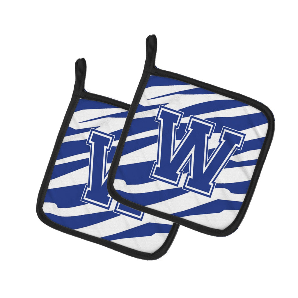 Letter W Initial Tiger Stripe Blue and White Pot Holder Set of 2 Heat Resistant Quilted Hot Pads 7.5 x 7.5 Inch, Insulated Kitchen Trivets for Cooking & Baking