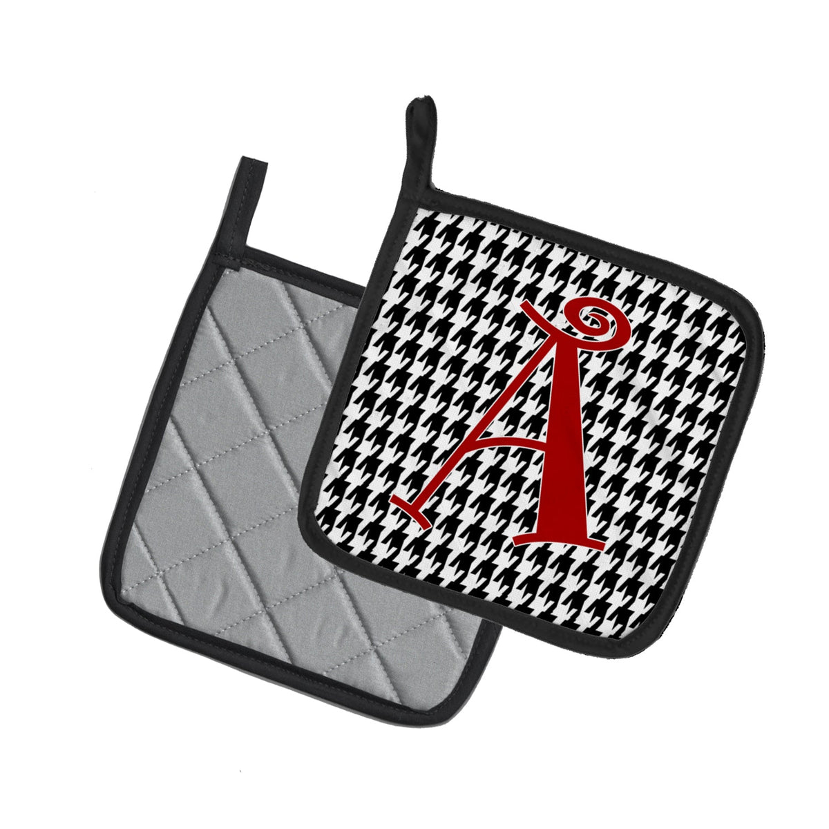 Letter A Monogram - Black White Houndstooth Pot Holder Set of 2 Heat Resistant Quilted Hot Pads 7.5 x 7.5 Inch, Insulated Kitchen Trivets for Cooking & Baking