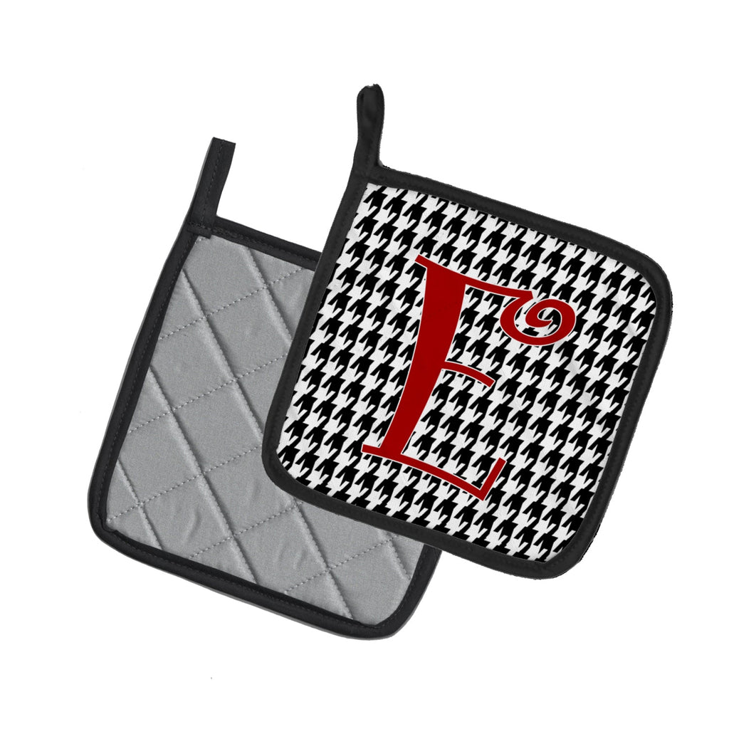 Letter E Initial Monogram - Houndstooth Black Pot Holder Set of 2 Heat Resistant Quilted Hot Pads 7.5 x 7.5 Inch, Insulated Kitchen Trivets for Cooking & Baking