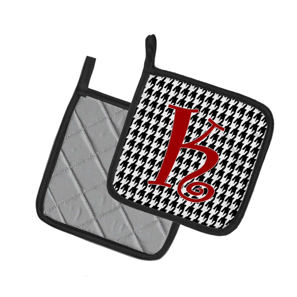 Letter K Initial Monogram - Houndstooth Black Pot Holder Set of 2 Heat Resistant Quilted Hot Pads 7.5 x 7.5 Inch, Insulated Kitchen Trivets for Cooking & Baking