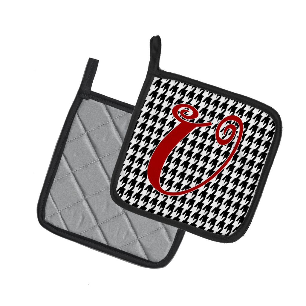 Letter U Initial Monogram - Houndstooth Black Pot Holder Set of 2 Heat Resistant Quilted Hot Pads 7.5 x 7.5 Inch, Insulated Kitchen Trivets for Cooking & Baking