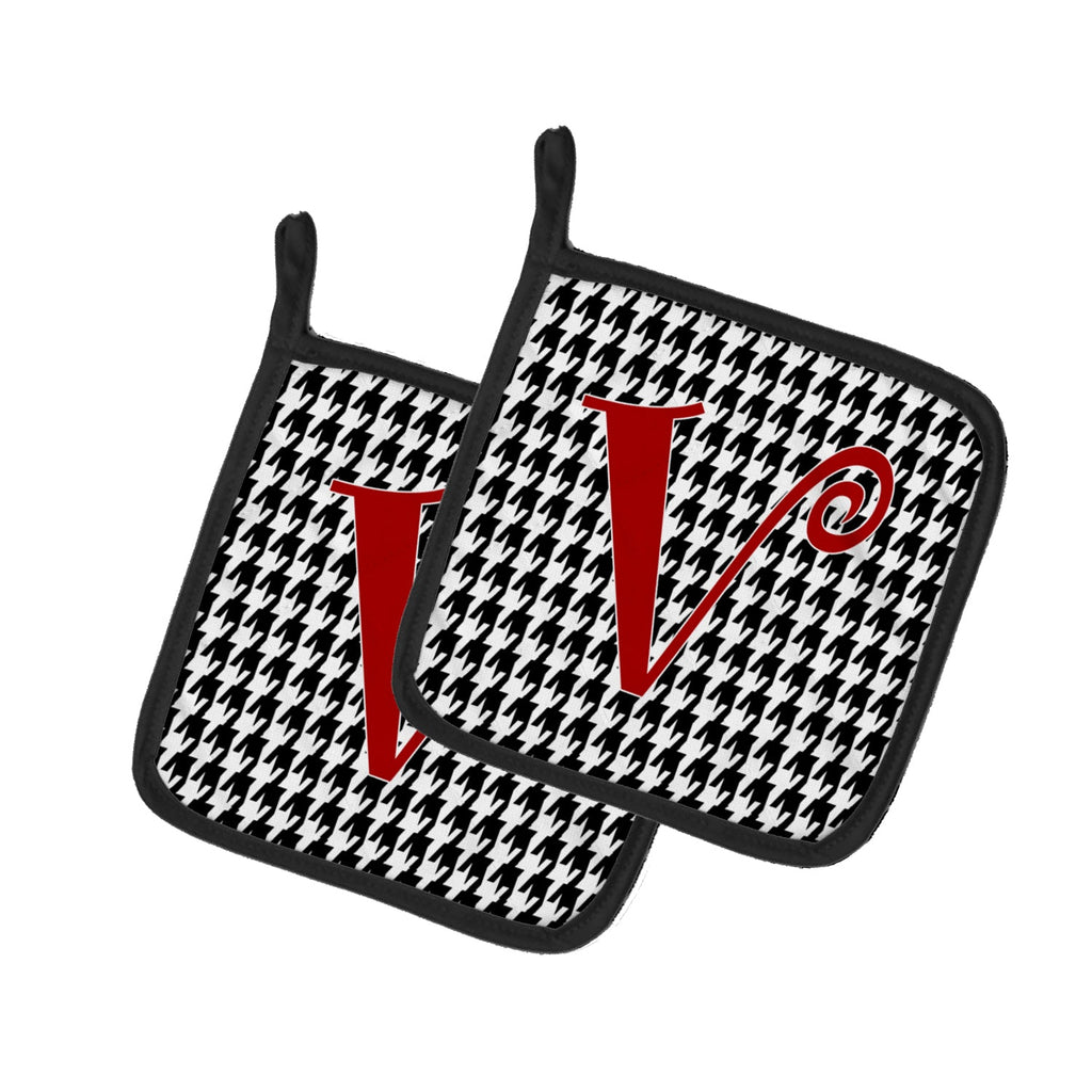 Letter V Initial Monogram - Houndstooth Black Pot Holder Set of 2 Heat Resistant Quilted Hot Pads 7.5 x 7.5 Inch, Insulated Kitchen Trivets for Cooking & Baking