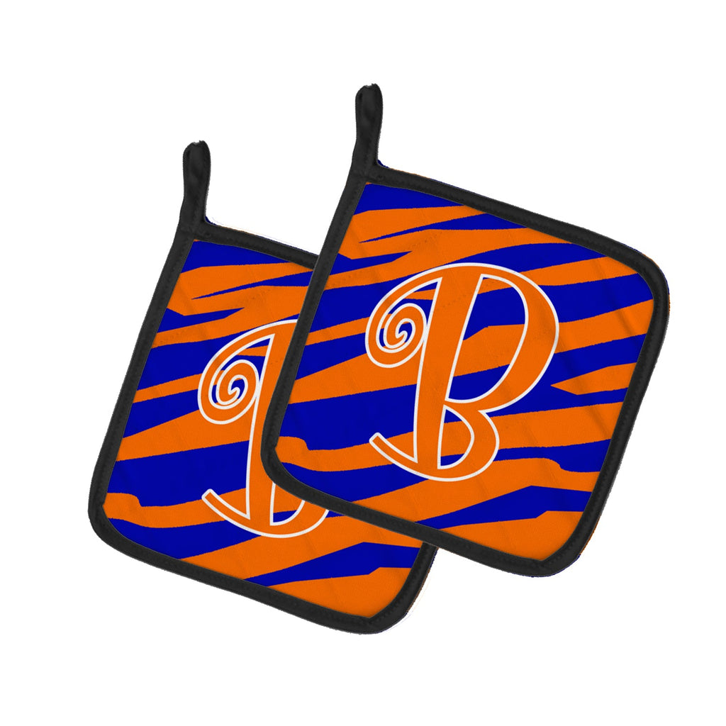 Letter B Initial Tiger Stripe Blue and Orange Pot Holder Set of 2 Heat Resistant Quilted Hot Pads 7.5 x 7.5 Inch, Insulated Kitchen Trivets for Cooking & Baking