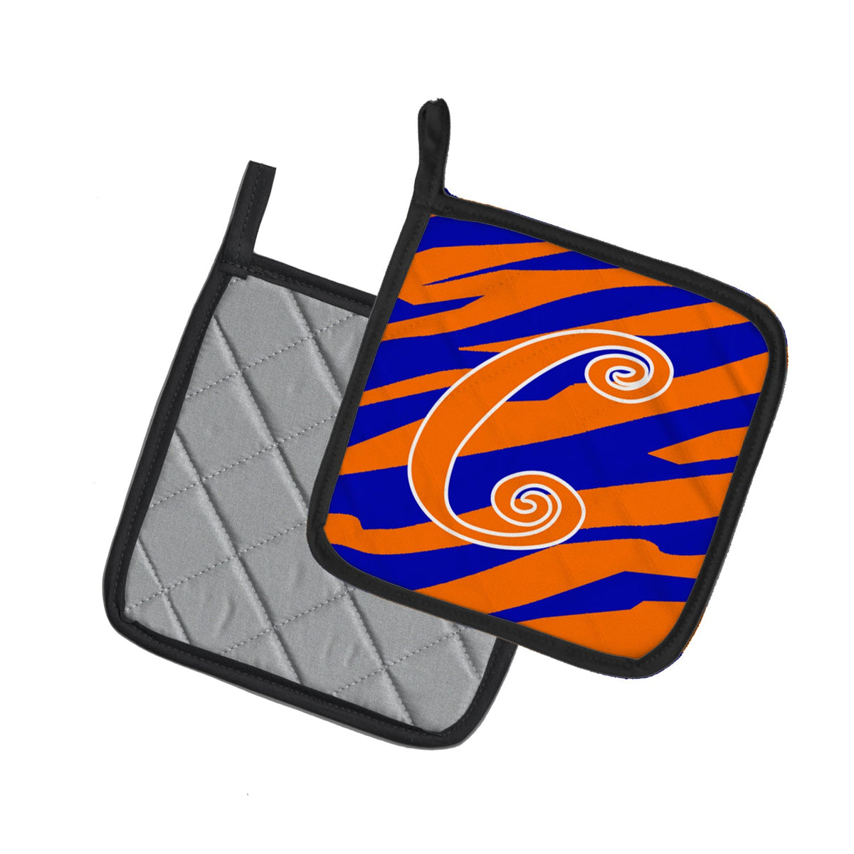 Letter C Initial Tiger Stripe Blue and Orange Pot Holder Set of 2 Heat Resistant Quilted Hot Pads 7.5 x 7.5 Inch, Insulated Kitchen Trivets for Cooking & Baking