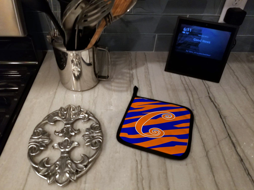Letter C Initial Tiger Stripe Blue and Orange Pot Holder Set of 2 Heat Resistant Quilted Hot Pads 7.5 x 7.5 Inch, Insulated Kitchen Trivets for Cooking & Baking