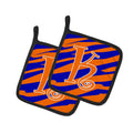 Letter K Initial Tiger Stripe Blue and Orange Pot Holder Set of 2 Heat Resistant Quilted Hot Pads 7.5 x 7.5 Inch, Insulated Kitchen Trivets for Cooking & Baking