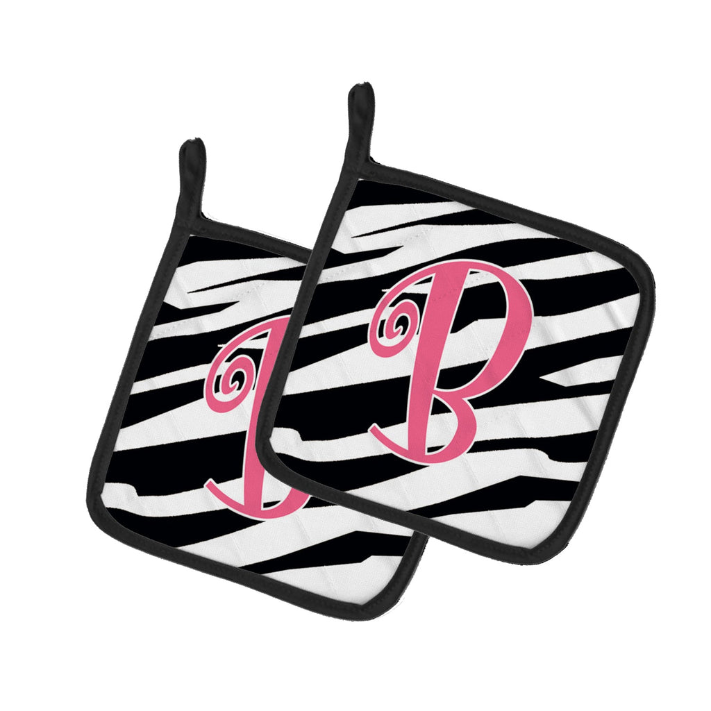 Letter B Initial Zebra Stripe and Pink Pot Holder Set of 2 Heat Resistant Quilted Hot Pads 7.5 x 7.5 Inch, Insulated Kitchen Trivets for Cooking & Baking