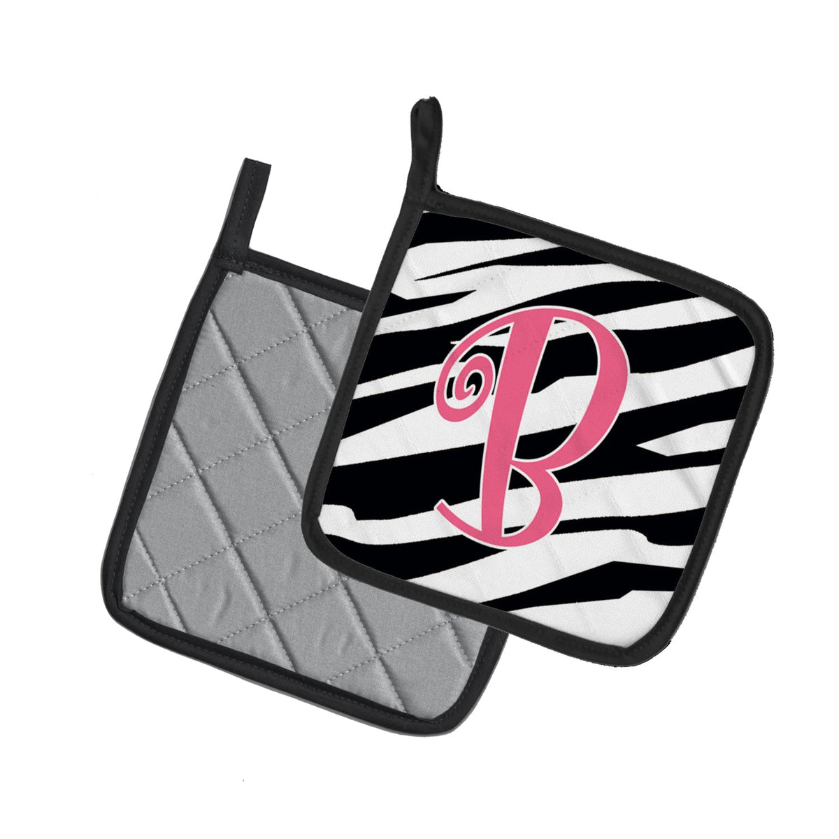 Letter B Initial Zebra Stripe and Pink Pot Holder Set of 2 Heat Resistant Quilted Hot Pads 7.5 x 7.5 Inch, Insulated Kitchen Trivets for Cooking & Baking