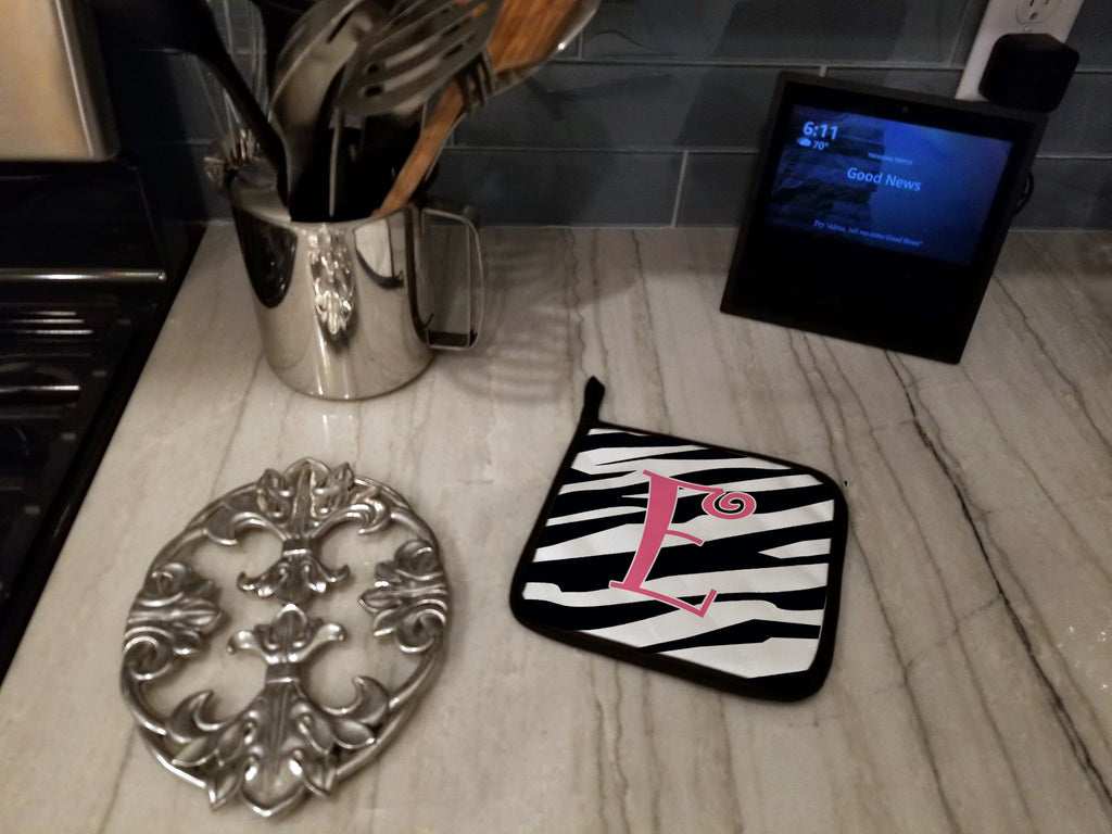 Letter E Initial  Zebra Stripe and Pink Pot Holder Set of 2 Heat Resistant Quilted Hot Pads 7.5 x 7.5 Inch, Insulated Kitchen Trivets for Cooking & Baking