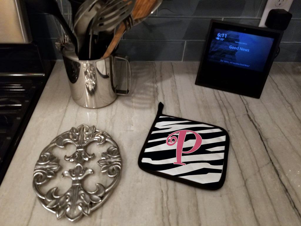 Letter P Initial  Zebra Stripe and Pink Pot Holder Set of 2 Heat Resistant Quilted Hot Pads 7.5 x 7.5 Inch, Insulated Kitchen Trivets for Cooking & Baking