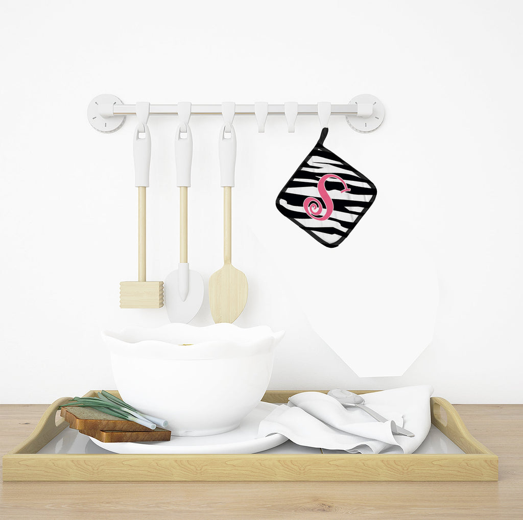 Letter S Initial Zebra Stripe and Pink Pot Holder Set of 2 Heat Resistant Quilted Hot Pads 7.5 x 7.5 Inch, Insulated Kitchen Trivets for Cooking & Baking