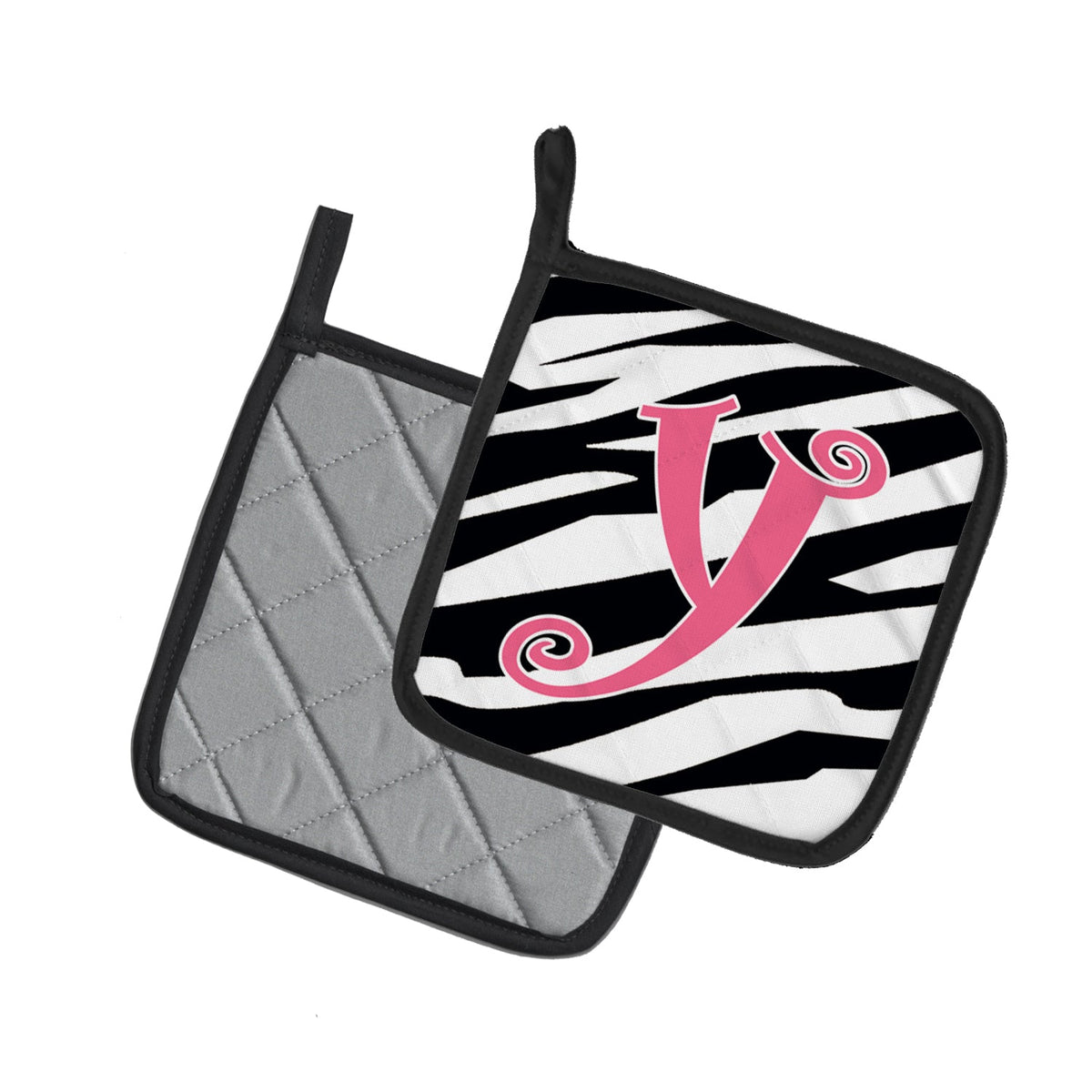 Letter Y Initial  Zebra Stripe and Pink Pot Holder Set of 2 Heat Resistant Quilted Hot Pads 7.5 x 7.5 Inch, Insulated Kitchen Trivets for Cooking & Baking