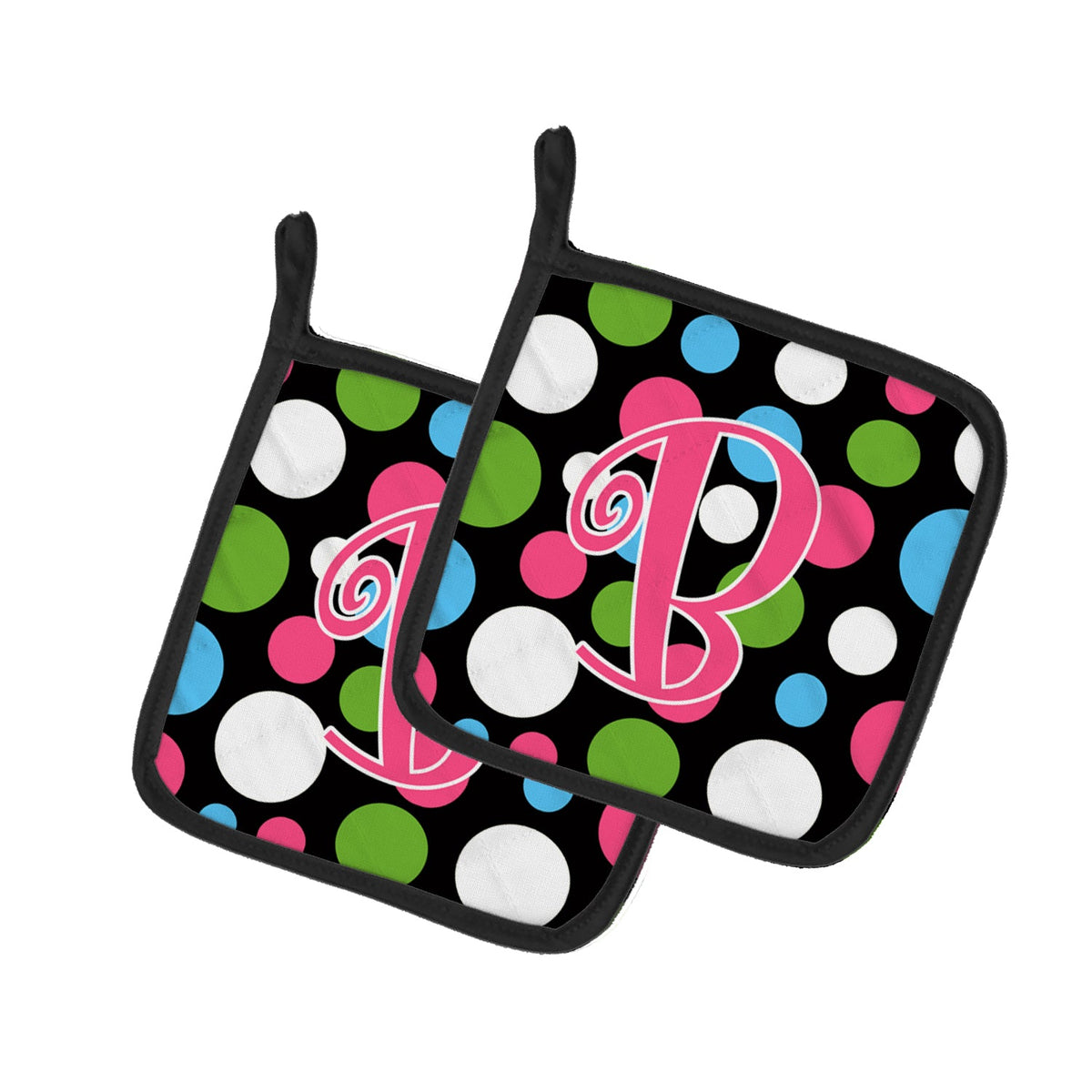 Letter B Initial Monogram - Polkadots and Pink Pot Holder Set of 2 Heat Resistant Quilted Hot Pads 7.5 x 7.5 Inch, Insulated Kitchen Trivets for Cooking & Baking