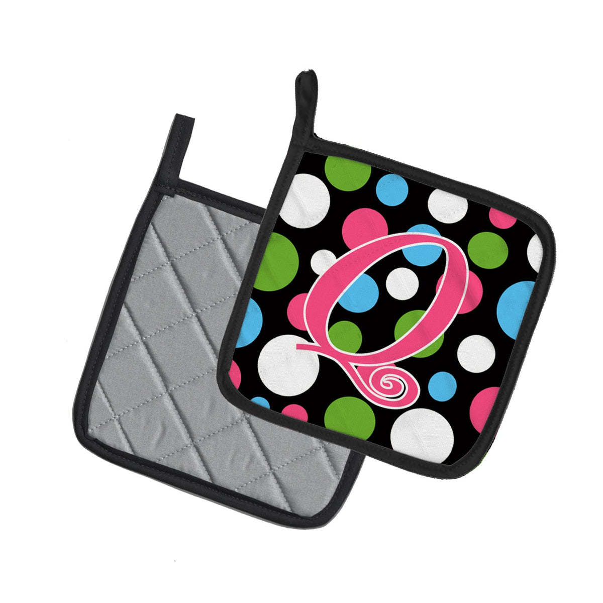 Letter Q Initial Monogram - Polkadots and Pink Pot Holder Set of 2 Heat Resistant Quilted Hot Pads 7.5 x 7.5 Inch, Insulated Kitchen Trivets for Cooking & Baking