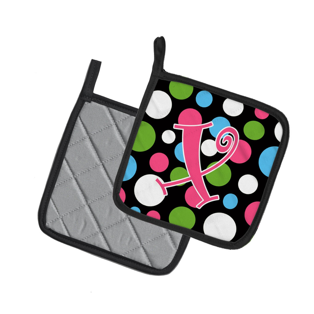 Letter X Initial Monogram - Polkadots and Pink Pot Holder Set of 2 Heat Resistant Quilted Hot Pads 7.5 x 7.5 Inch, Insulated Kitchen Trivets for Cooking & Baking