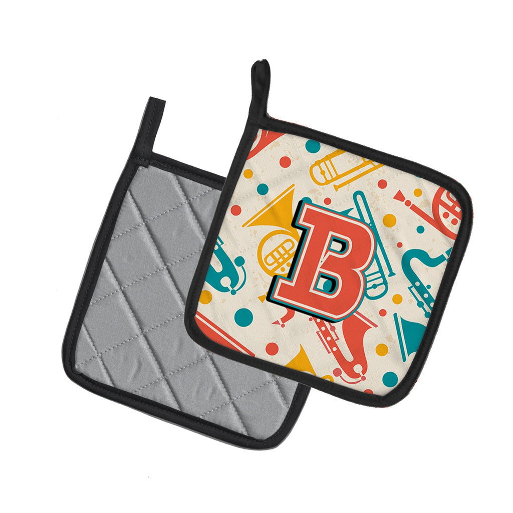 Letter B Retro Teal Orange Musical Instruments Initial Pot Holder Set of 2 Heat Resistant Quilted Hot Pads 7.5 x 7.5 Inch, Insulated Kitchen Trivets for Cooking & Baking